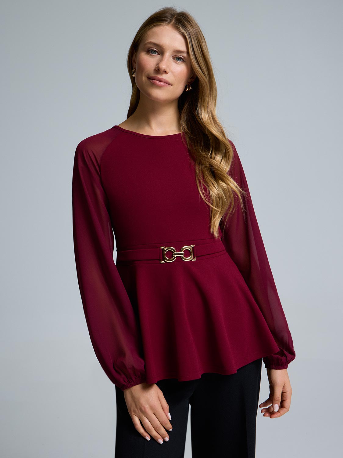 Chiffon Sleeve Belted Peplum Top