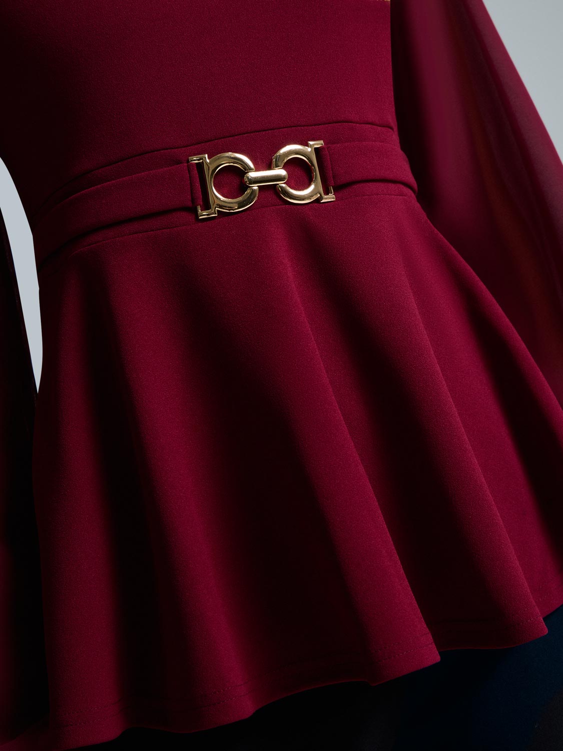 Chiffon Sleeve Belted Peplum Top