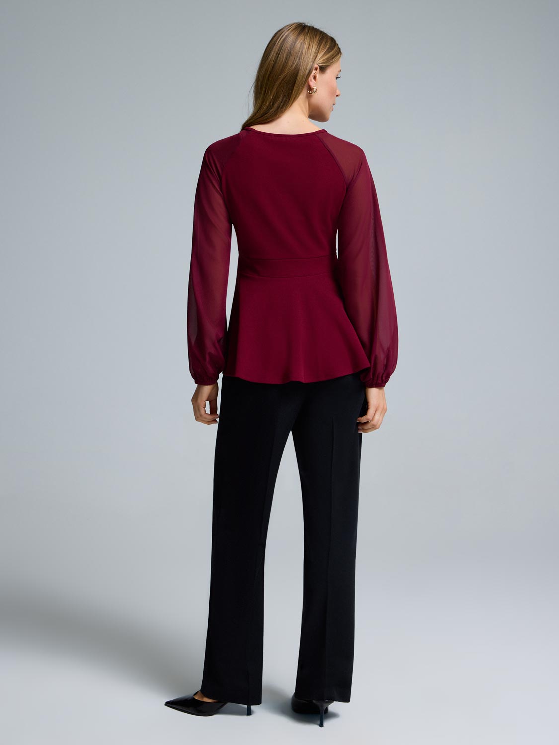 Chiffon Sleeve Belted Peplum Top