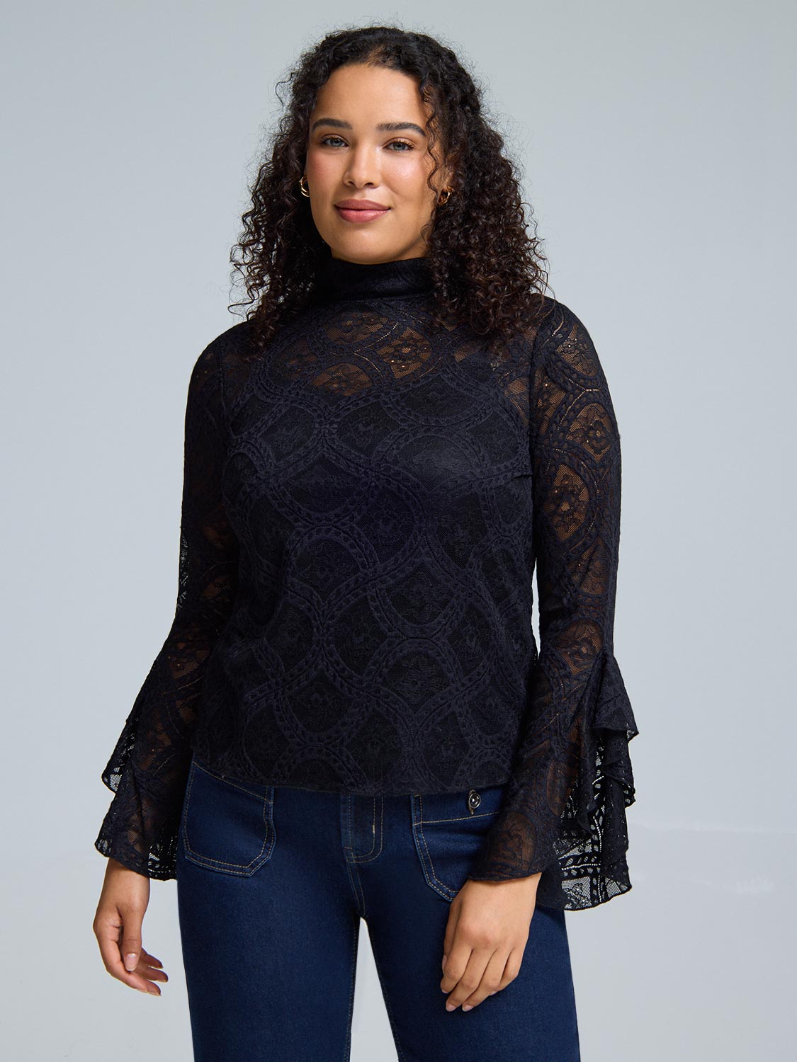 Ruffle Sleeve Mock Neck Lace Top