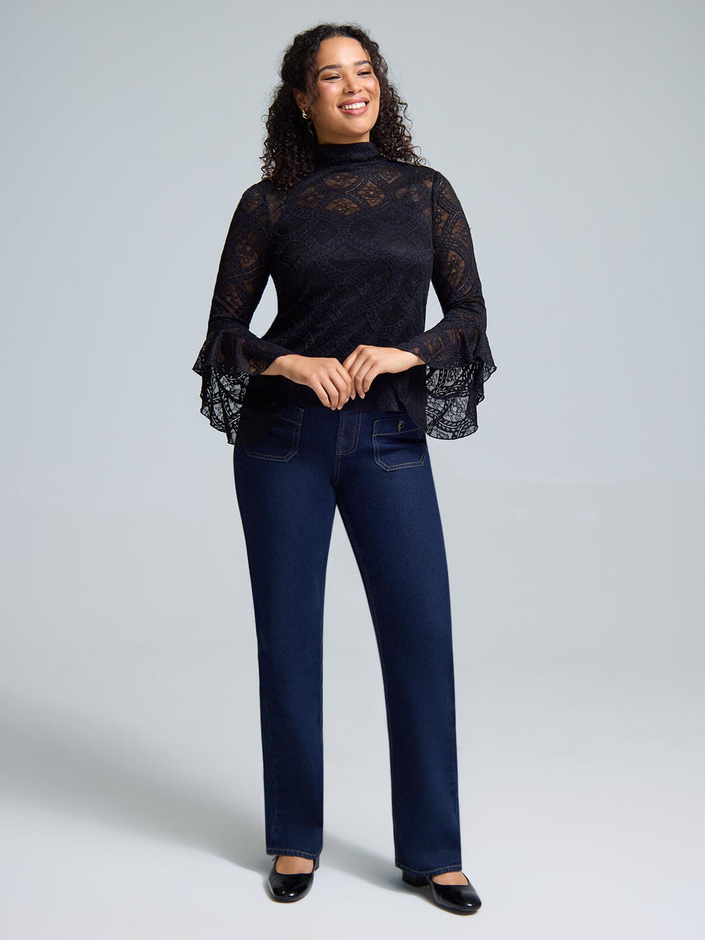 Ruffle Sleeve Mock Neck Lace Top