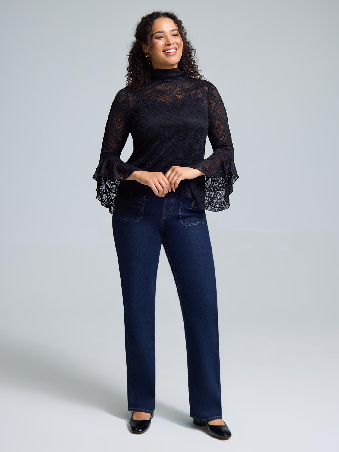 Ruffle Sleeve Mock Neck Lace Top