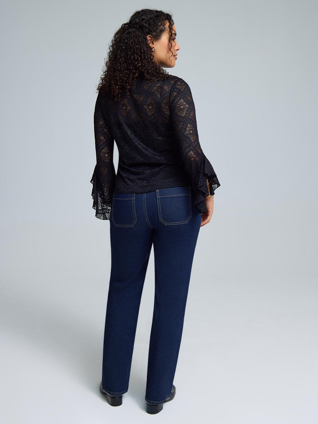 Ruffle Sleeve Mock Neck Lace Top