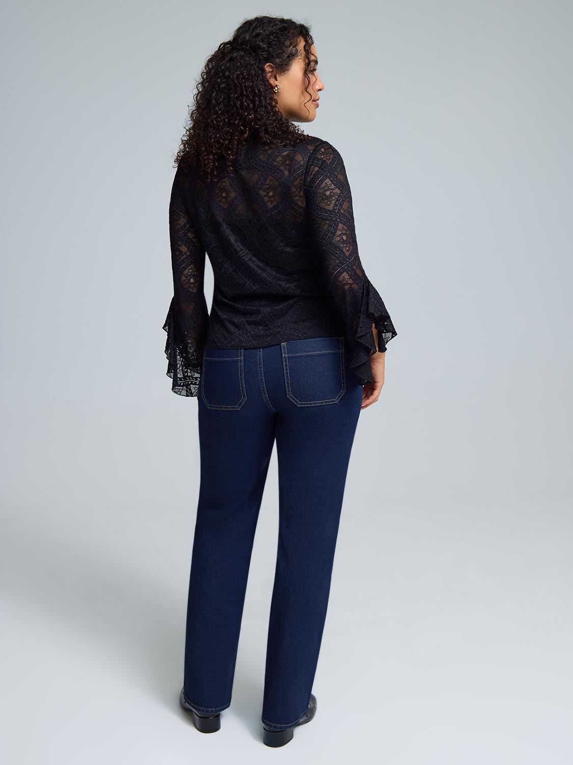 Ruffle Sleeve Mock Neck Lace Top