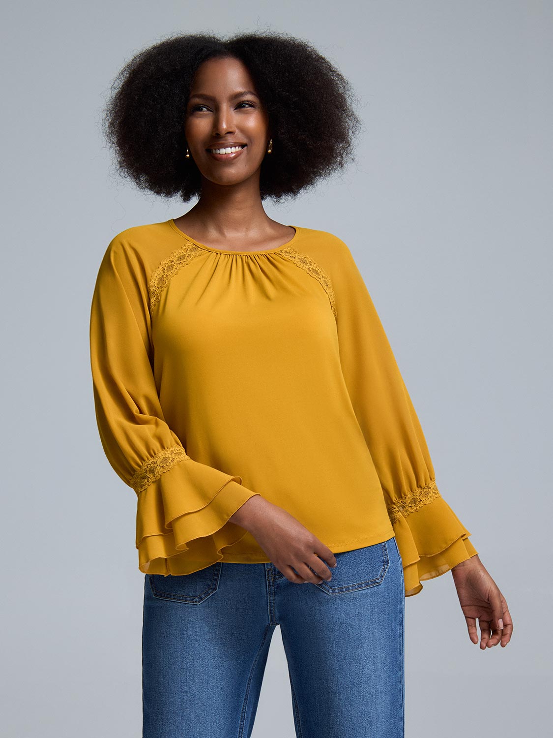 3/4 Chiffon Ruffle Sleeve Lace Top