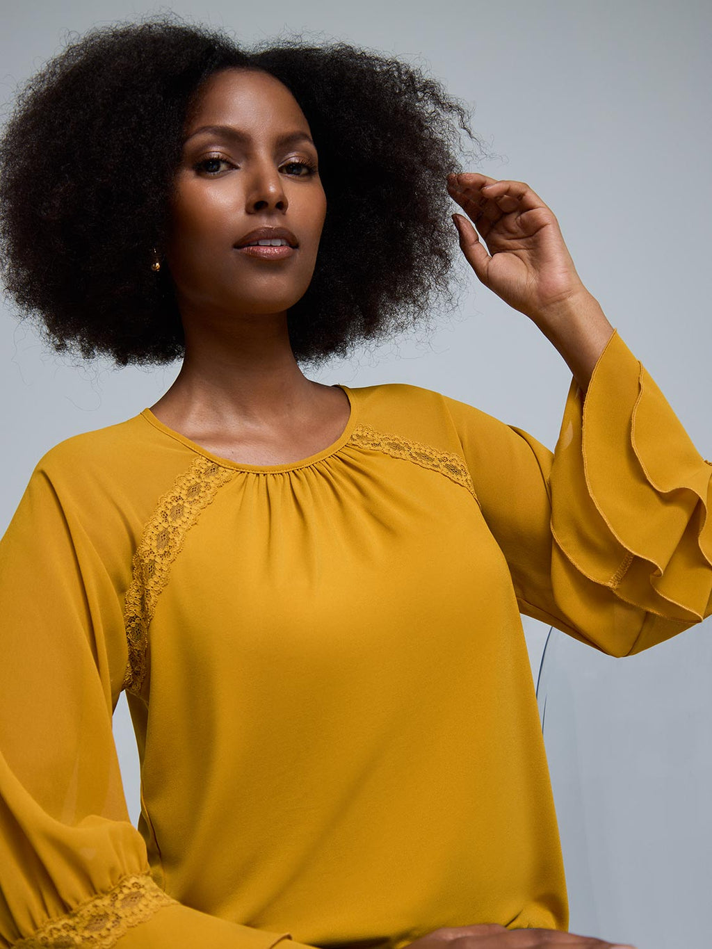 3/4 Chiffon Ruffle Sleeve Lace Top