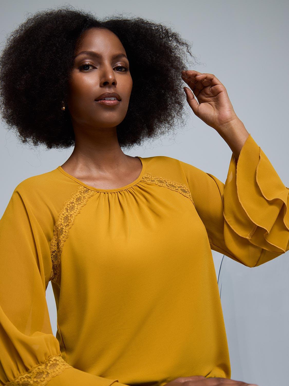 3/4 Chiffon Ruffle Sleeve Lace Top