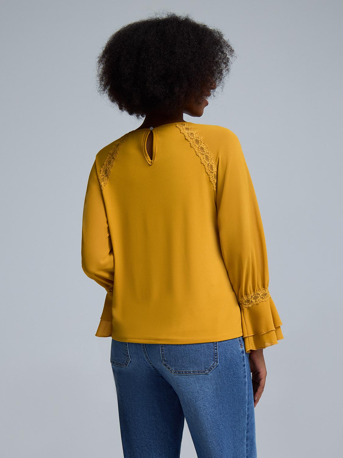 3/4 Chiffon Ruffle Sleeve Lace Top