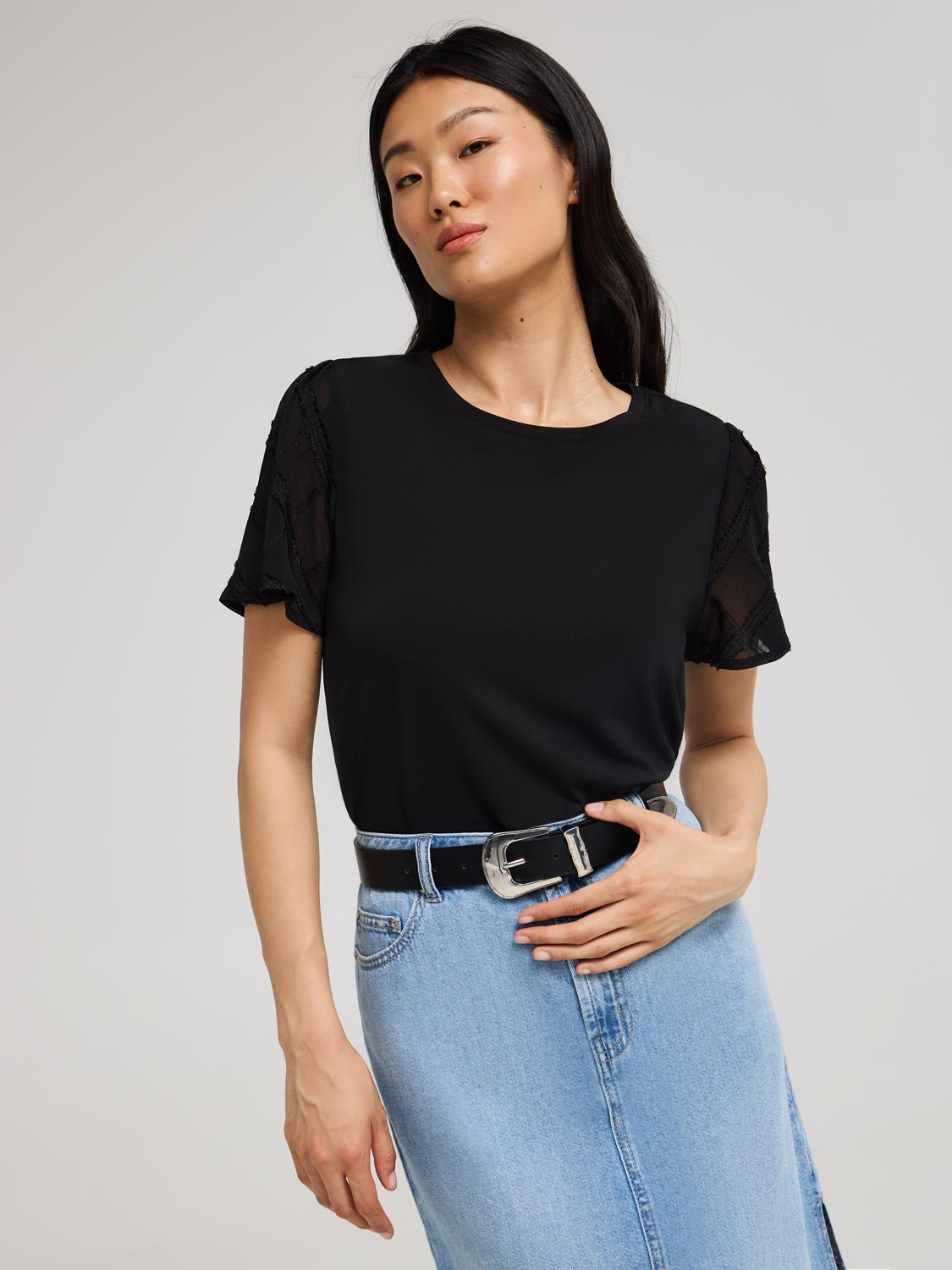 Plaid Chiffon Sleeve T-Shirt
