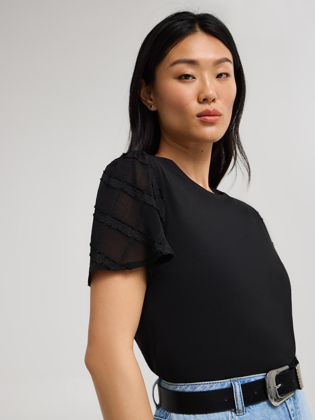 Plaid Chiffon Sleeve T-Shirt