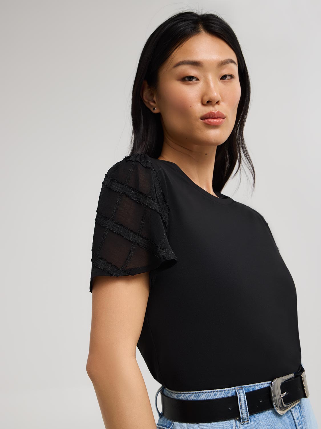Plaid Chiffon Sleeve T-Shirt