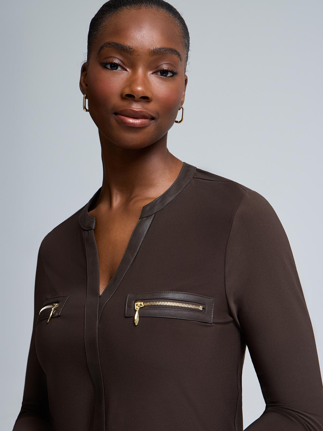 Faux Leather Notch Collar Top
