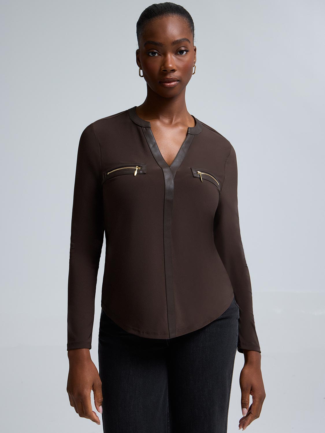 Faux Leather Notch Collar Top