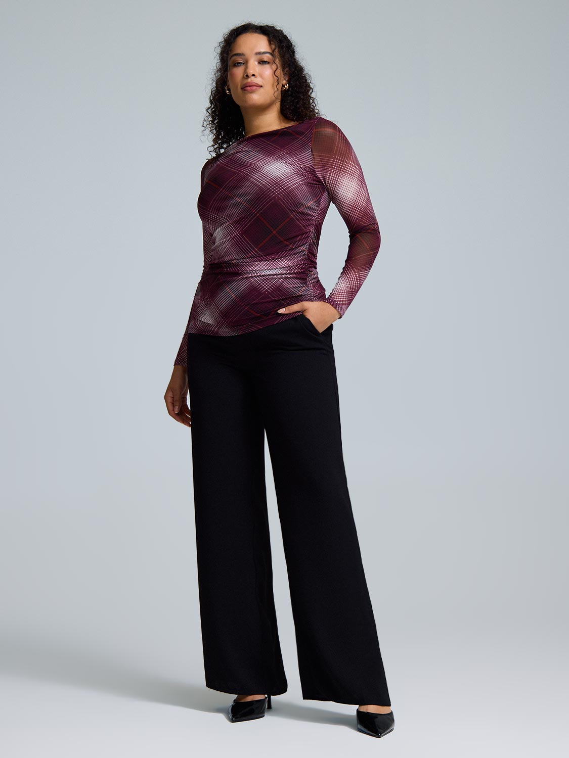 Plaid Boat Neck Mesh Top
