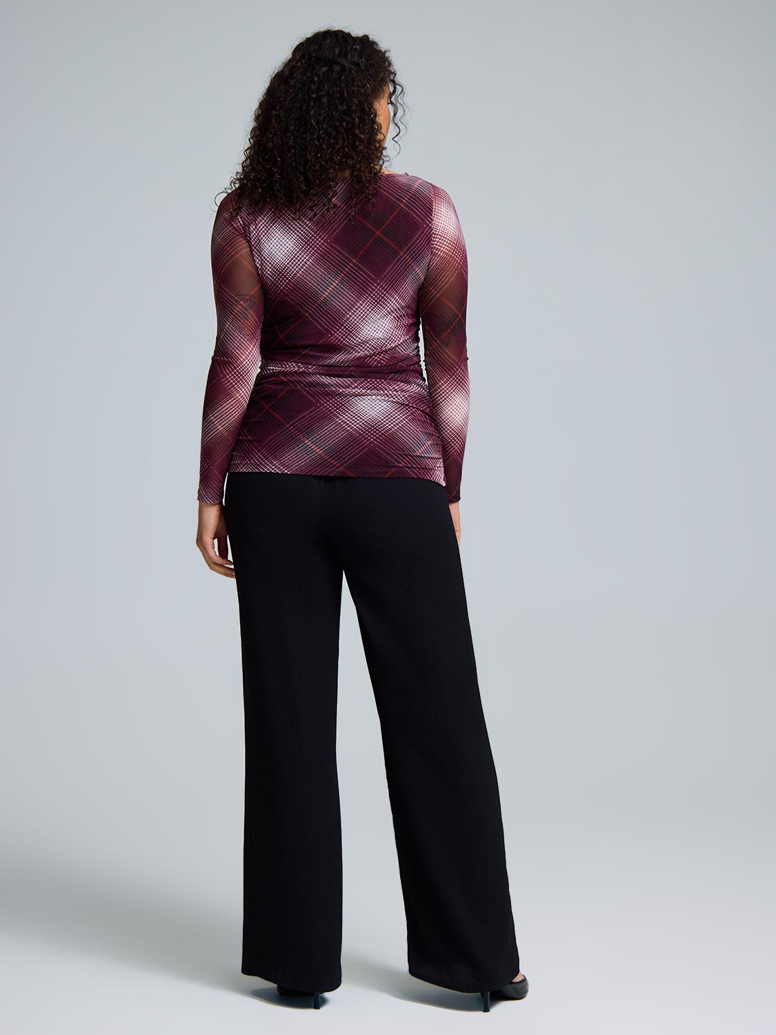 Plaid Boat Neck Mesh Top