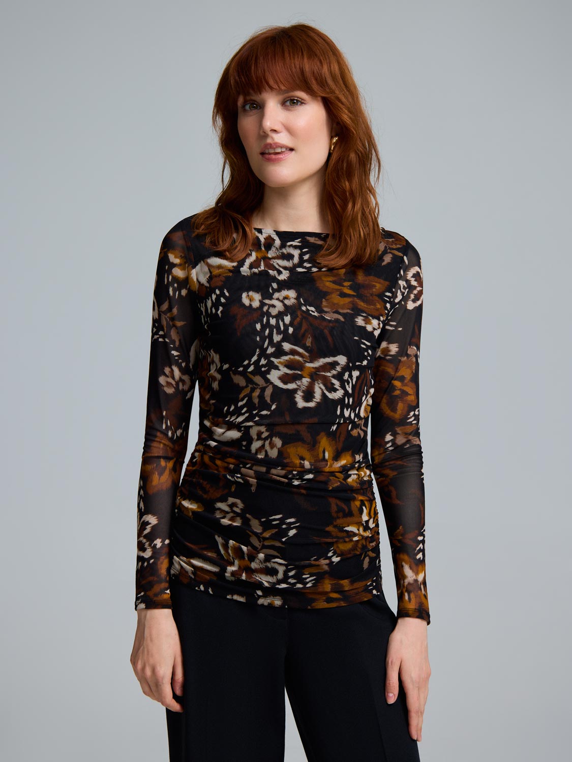 Floral Boat Neck Mesh Top