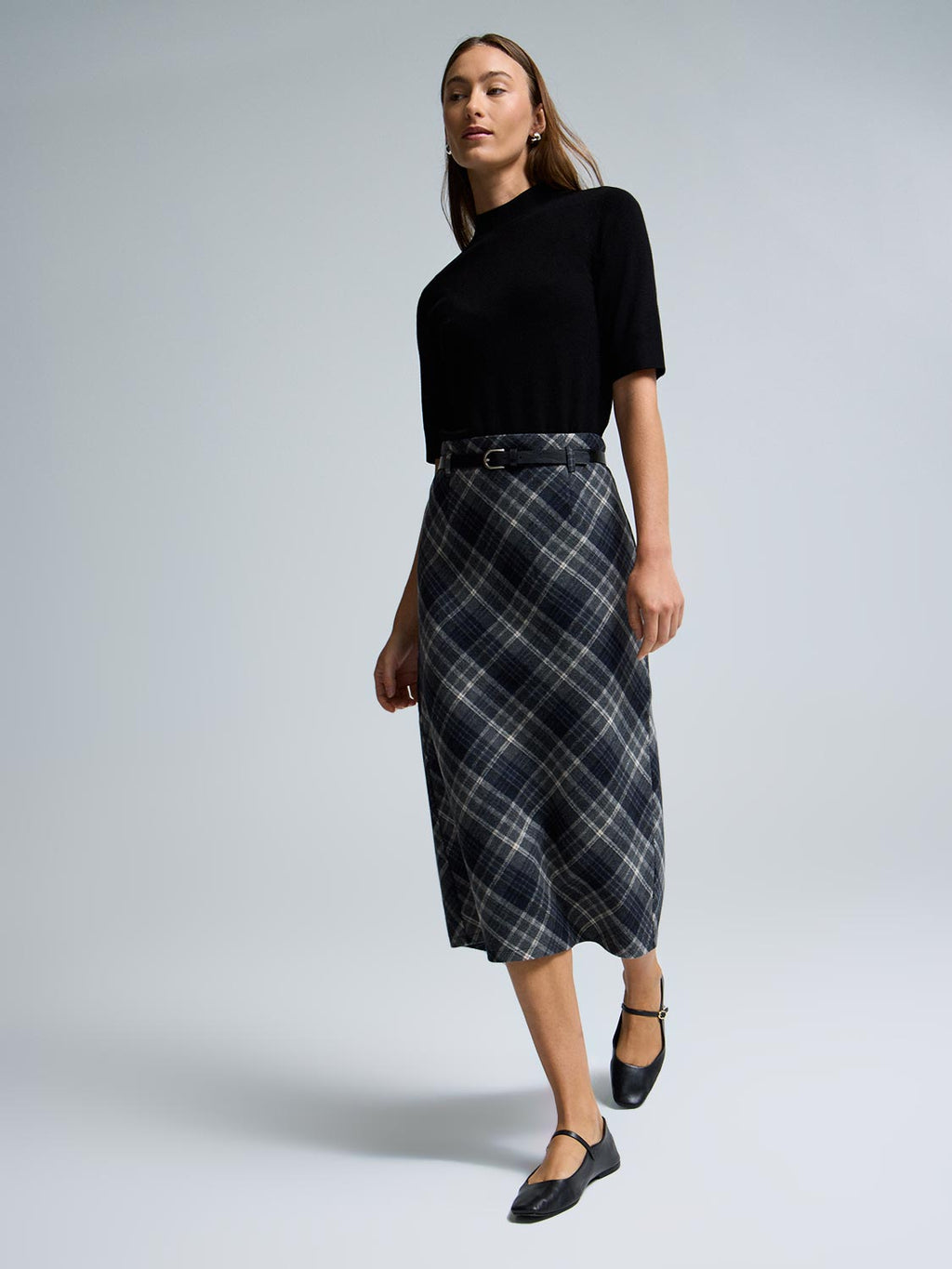 Midi Plaid Skirt With Belt