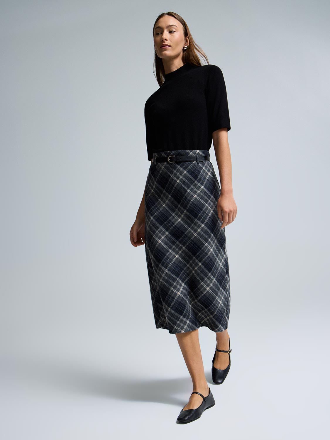 Midi Plaid Skirt With Belt