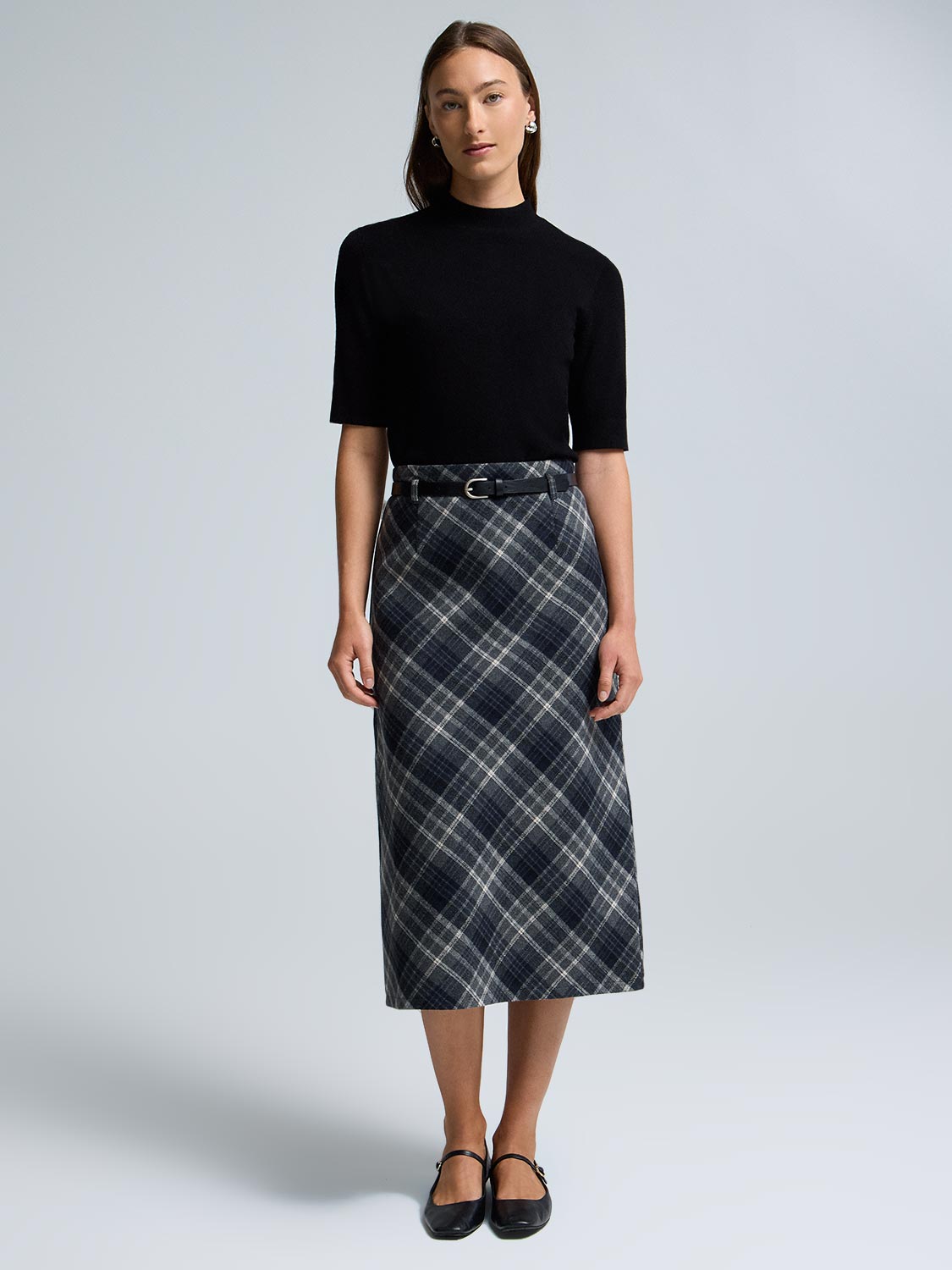 Midi Plaid Skirt With Belt
