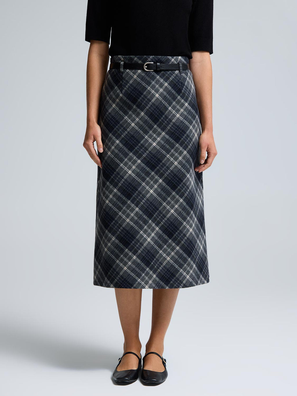 Midi Plaid Skirt With Belt