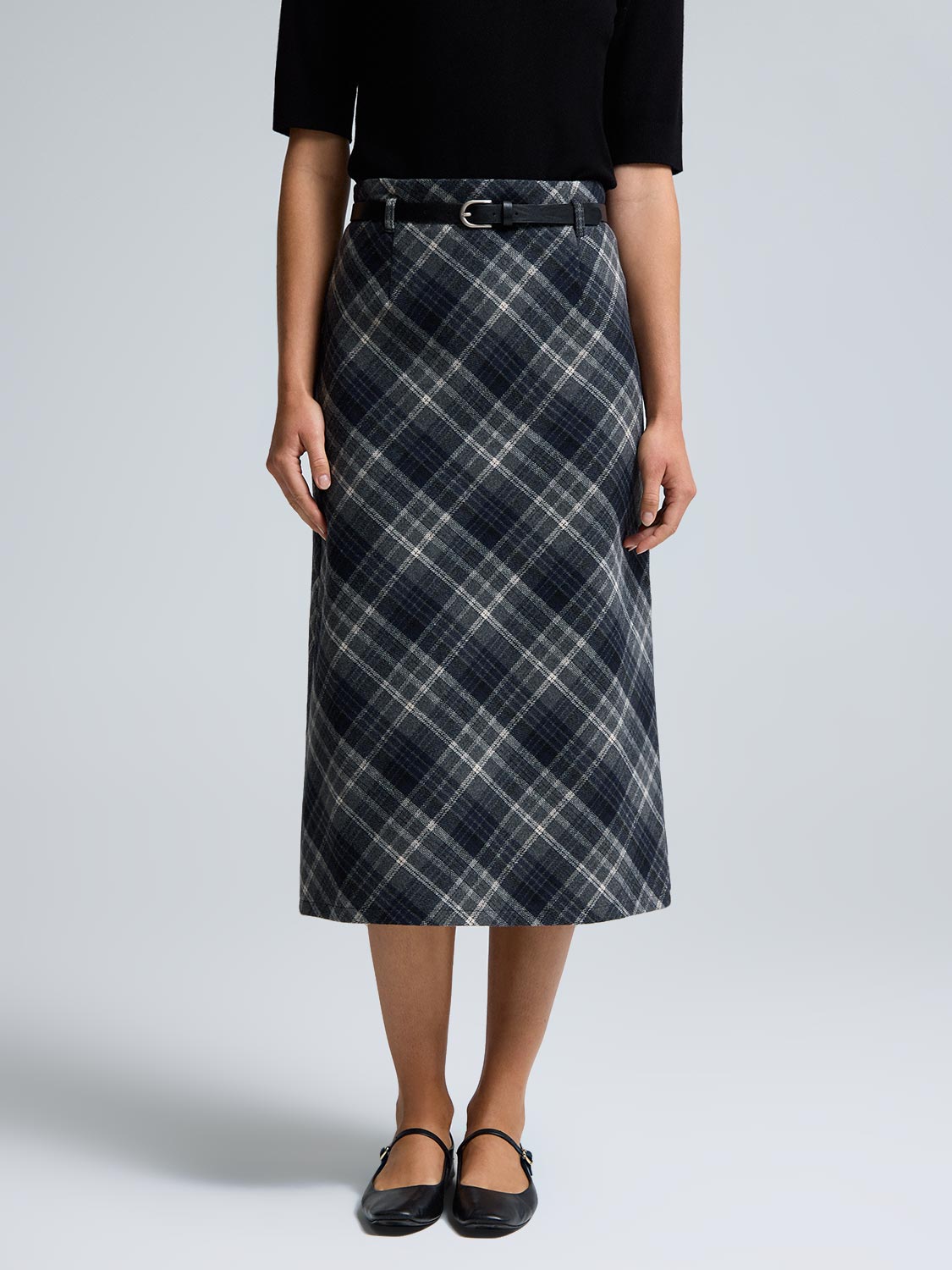 Midi Plaid Skirt With Belt