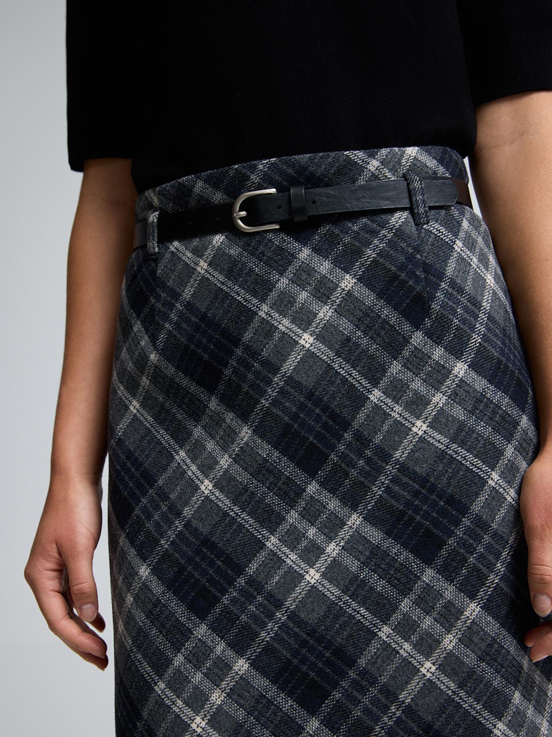 Midi Plaid Skirt With Belt