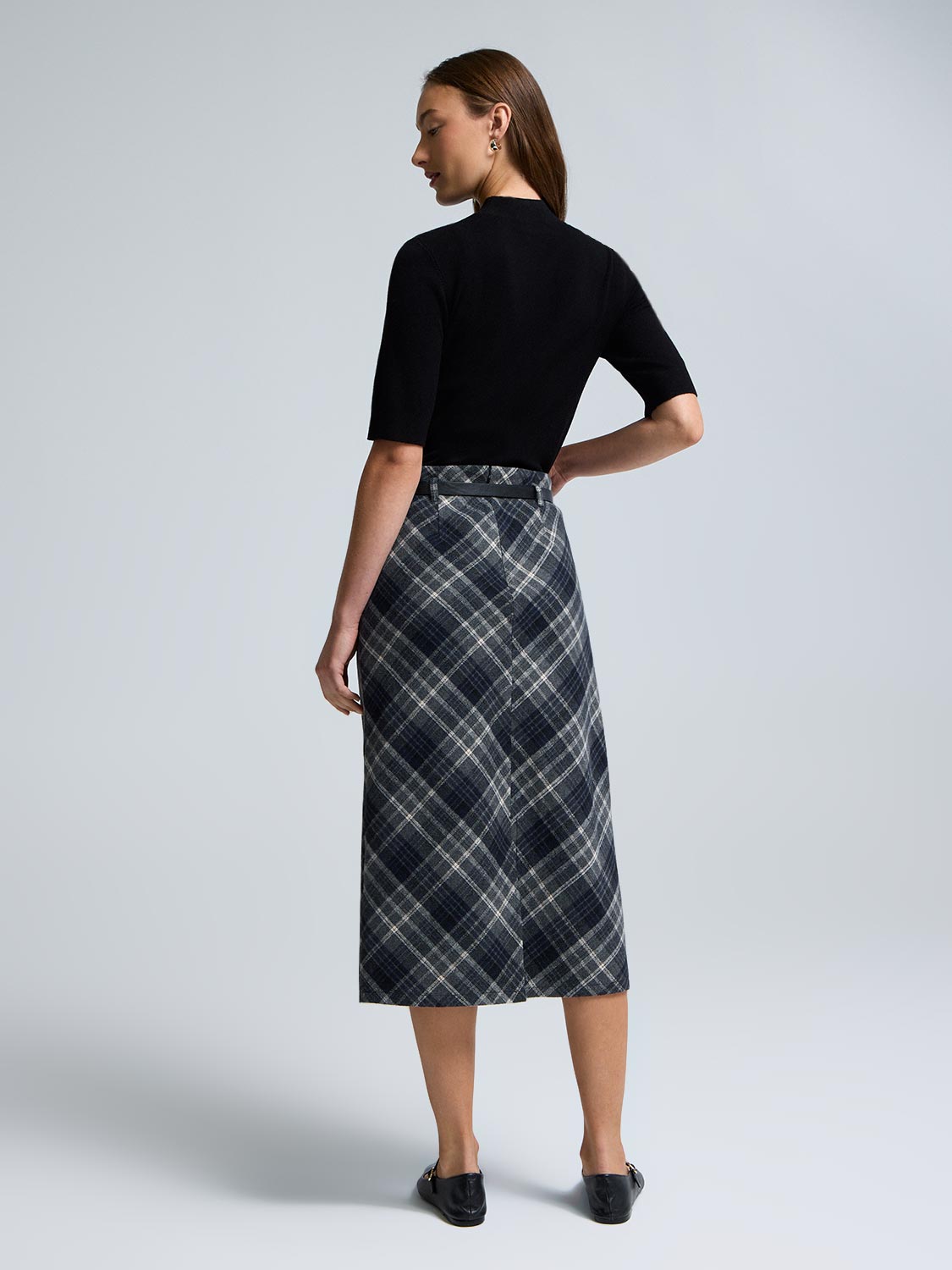 Midi Plaid Skirt With Belt