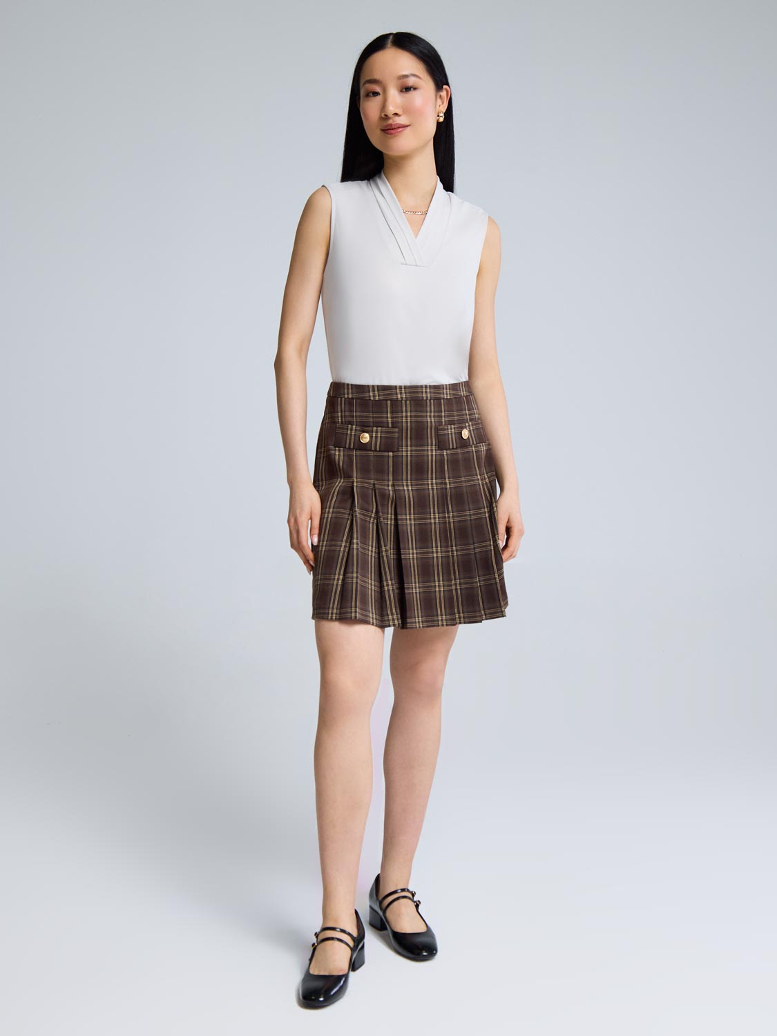 Front Pleated Plaid Mini Skirt