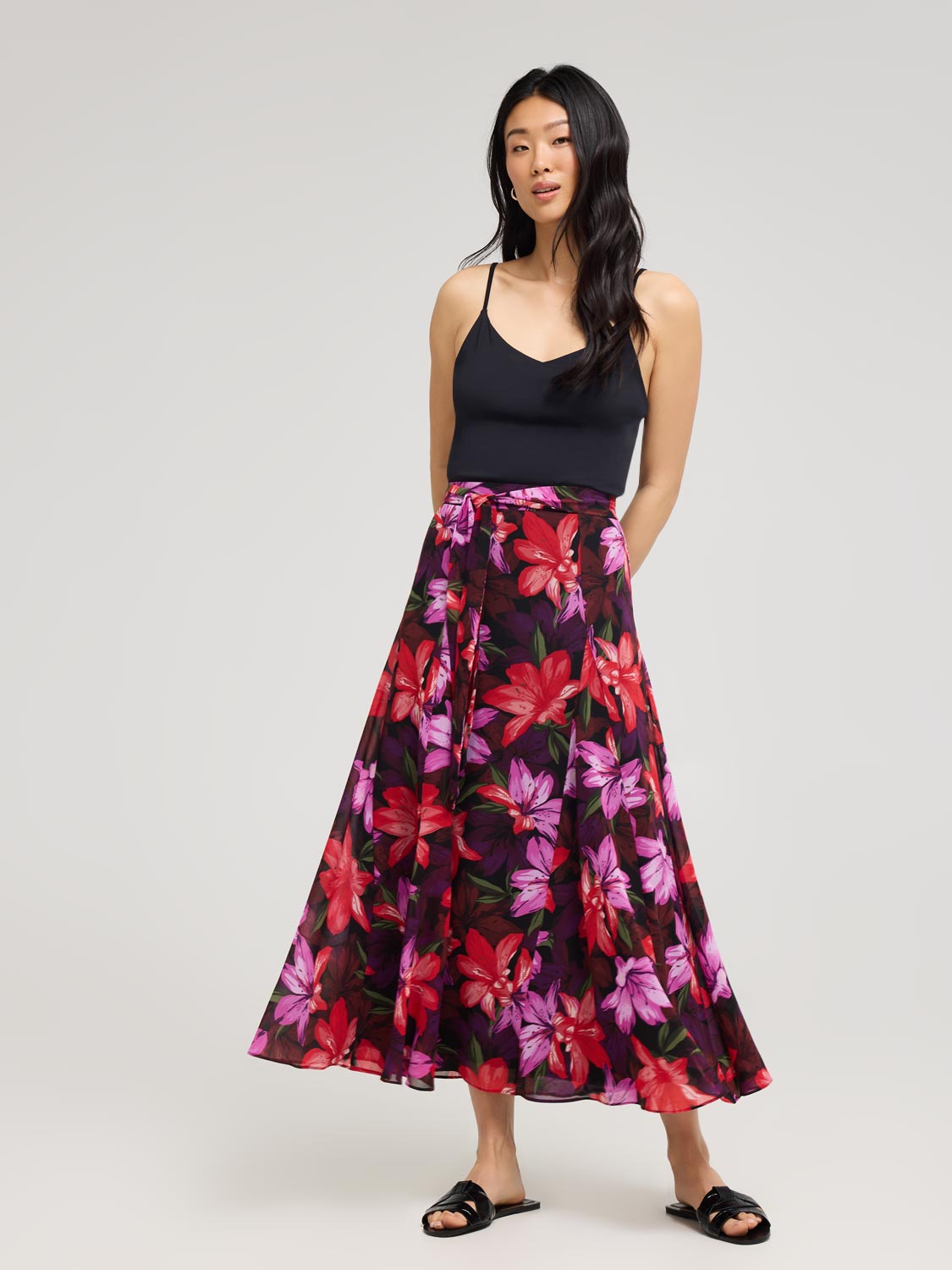Floral Chiffon Long Skirt With Front Sash