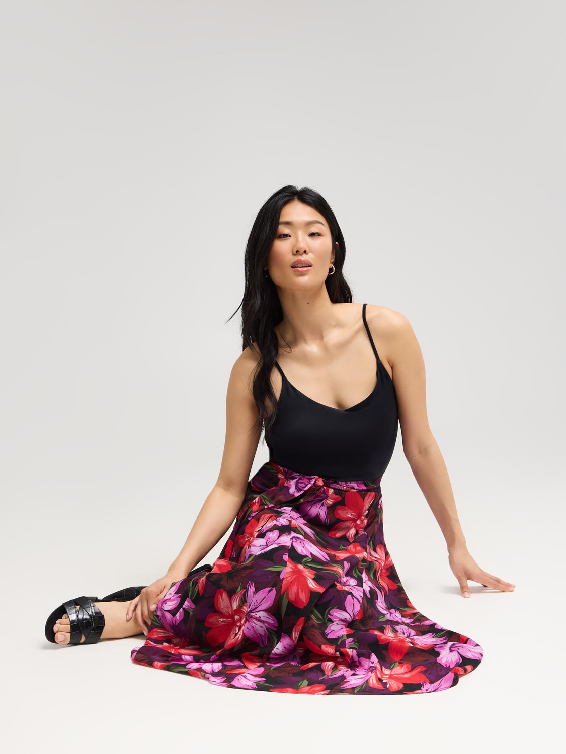 Floral Chiffon Long Skirt With Front Sash