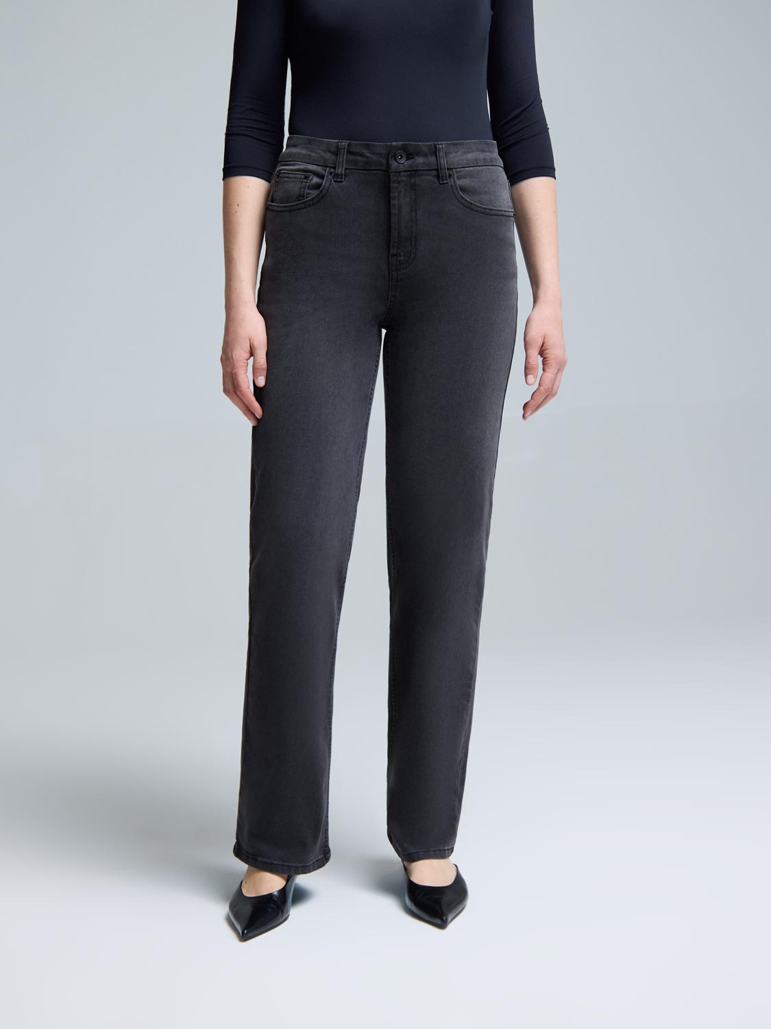 Grey Denim Straight-Leg Jeans