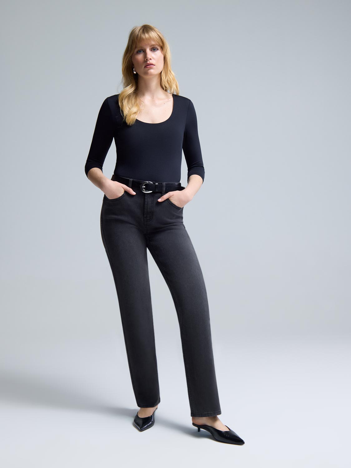 Grey Denim Straight-Leg Jeans