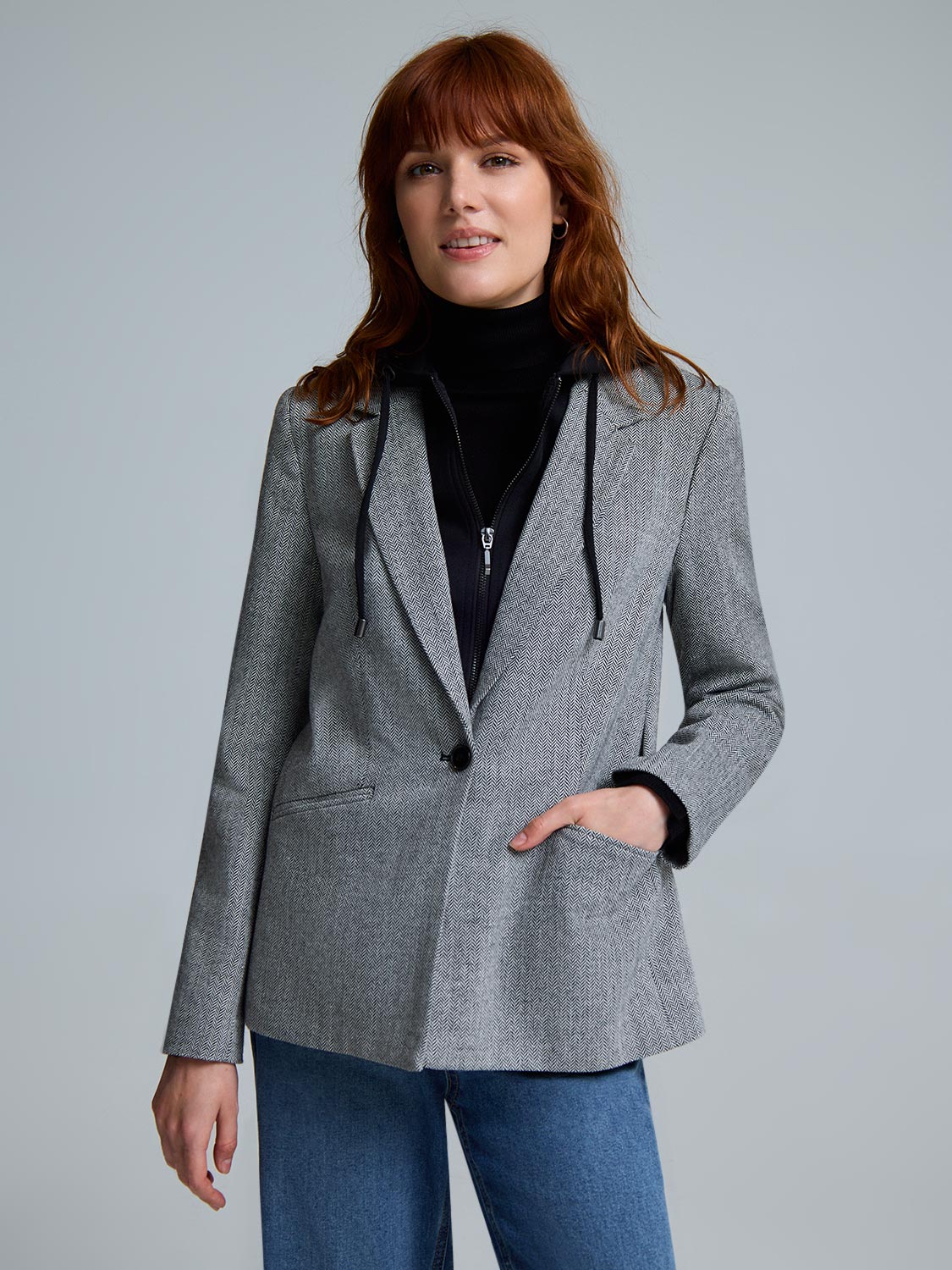 Herringbone Blazer With Attached Hood