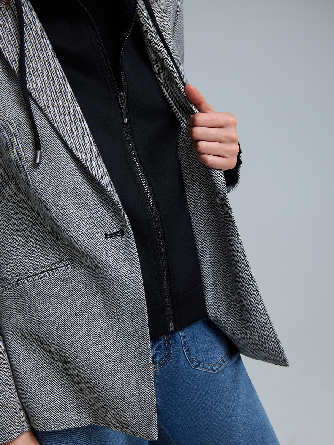Herringbone Blazer With Attached Hood