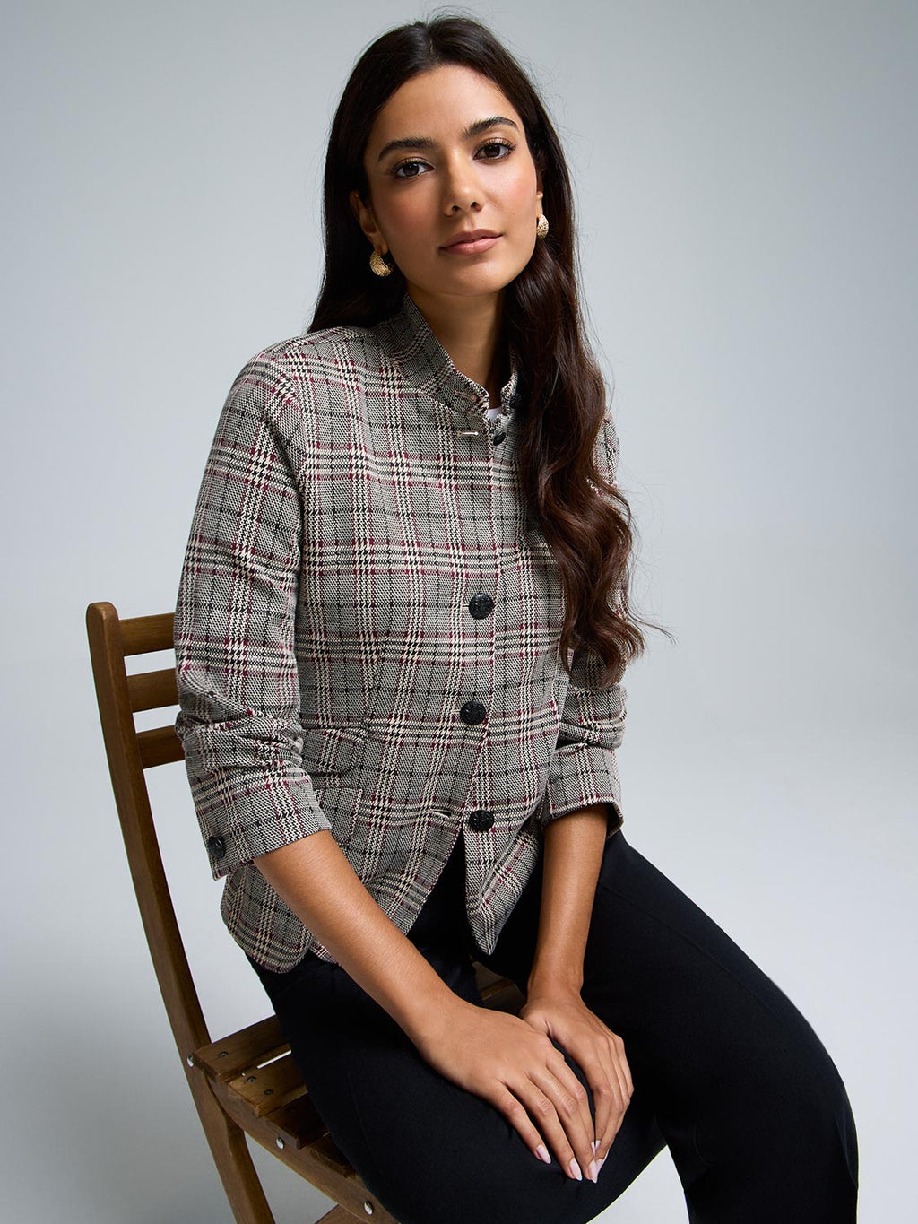High Neck Plaid Blazer