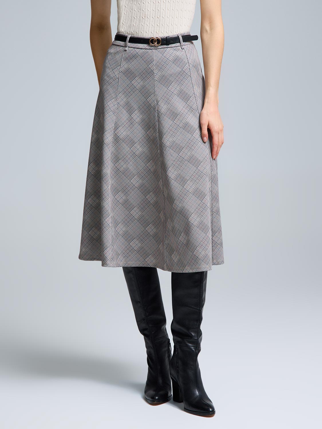 Belted Plaid Midi Skirt