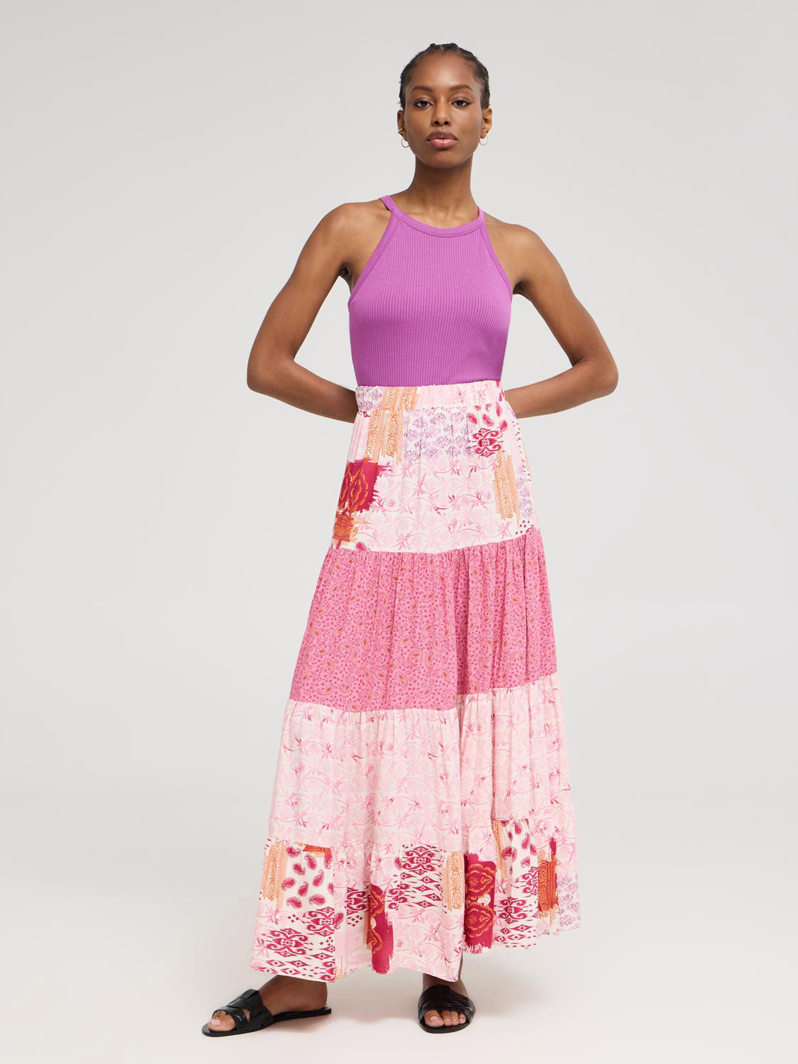 Multi Print Tiered Maxi Skirt