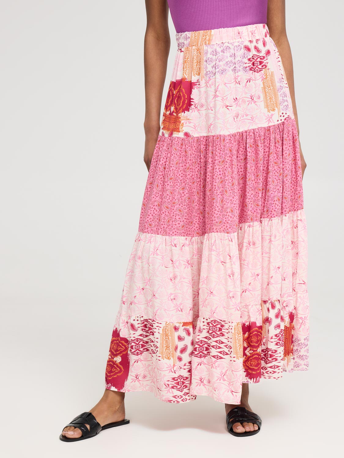 Multi Print Tiered Maxi Skirt