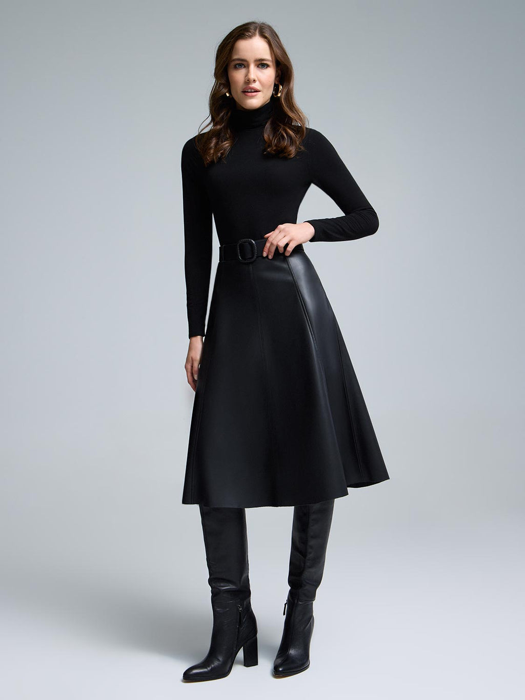 Belted Faux Leather Midi Skirt