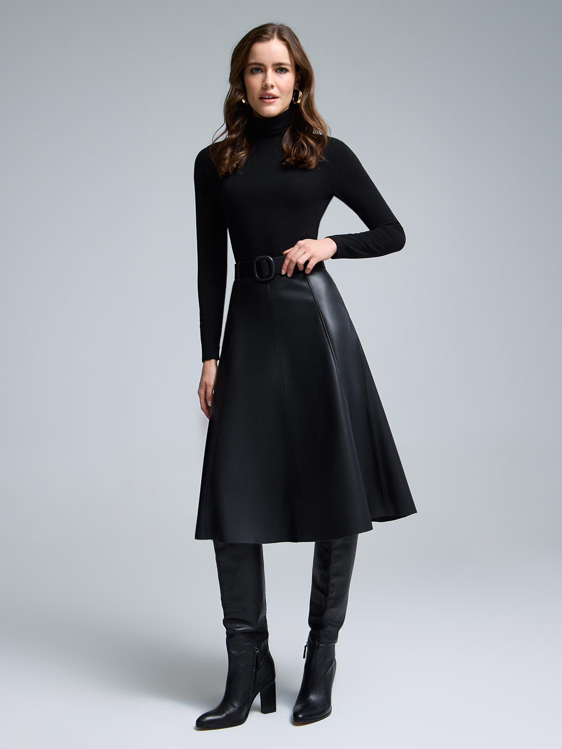 Belted Faux Leather Midi Skirt