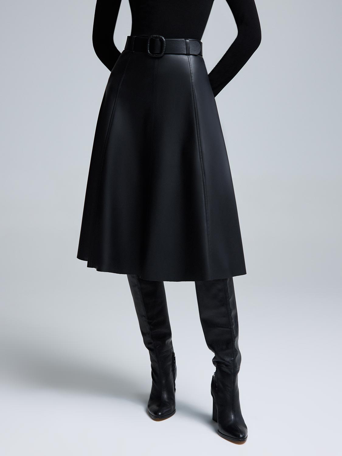Belted Faux Leather Midi Skirt