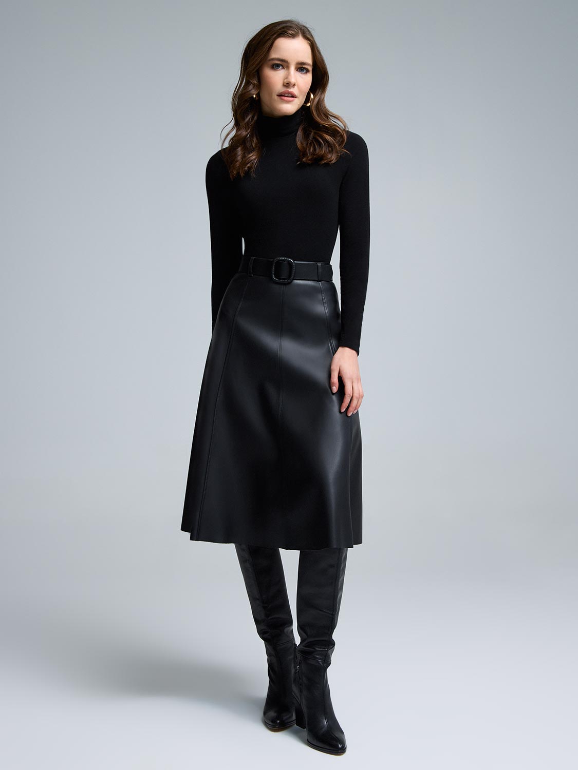Belted Faux Leather Midi Skirt