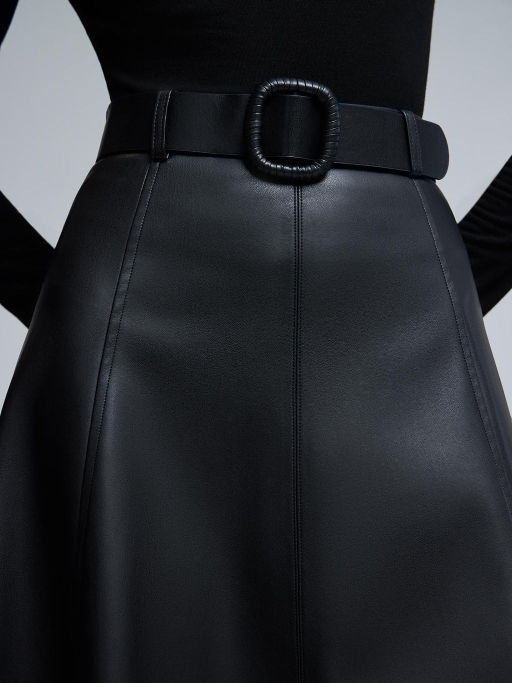 Belted Faux Leather Midi Skirt