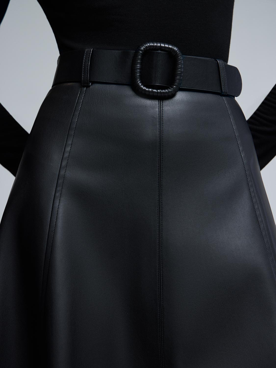 Belted Faux Leather Midi Skirt