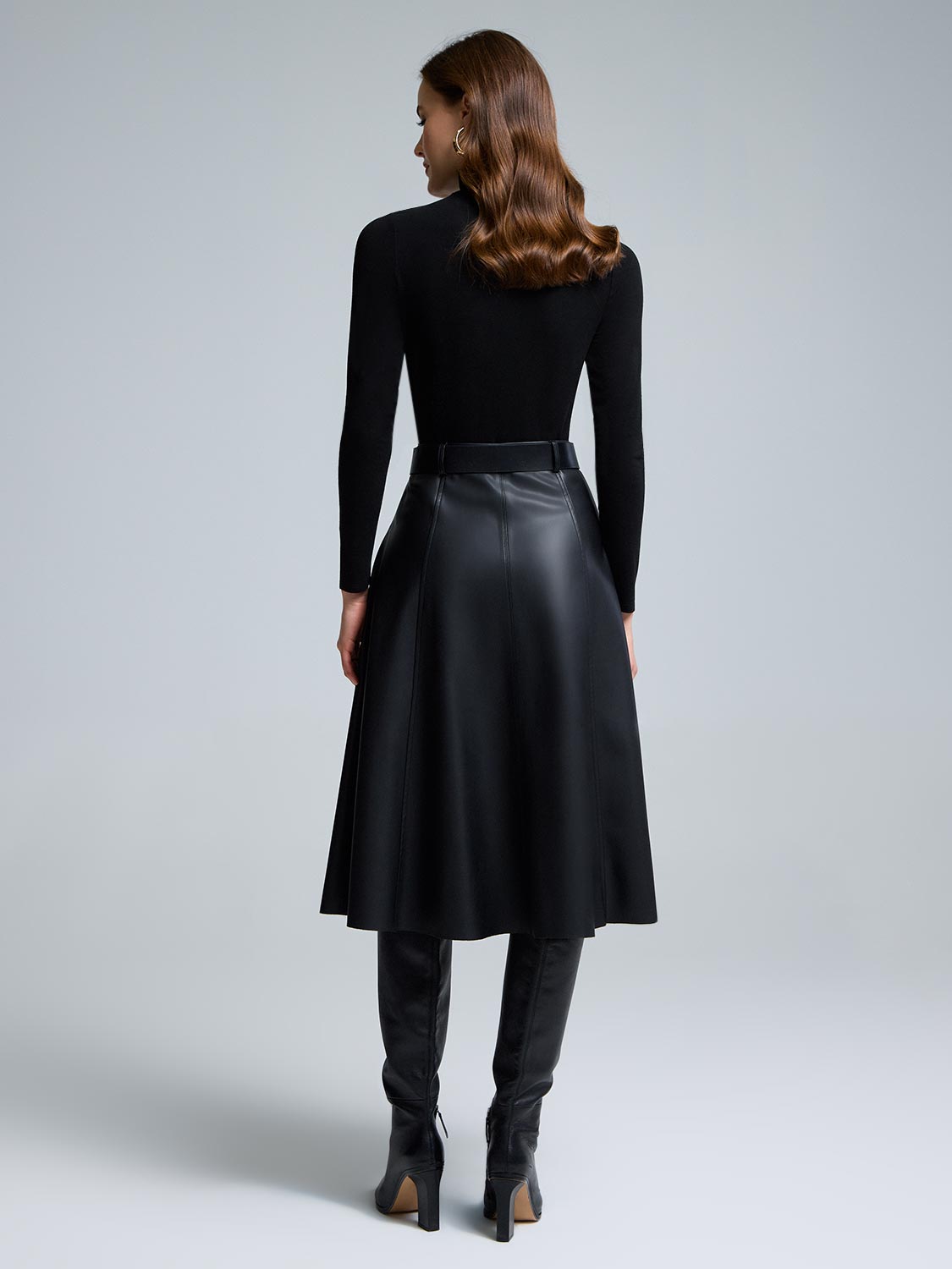 Belted Faux Leather Midi Skirt