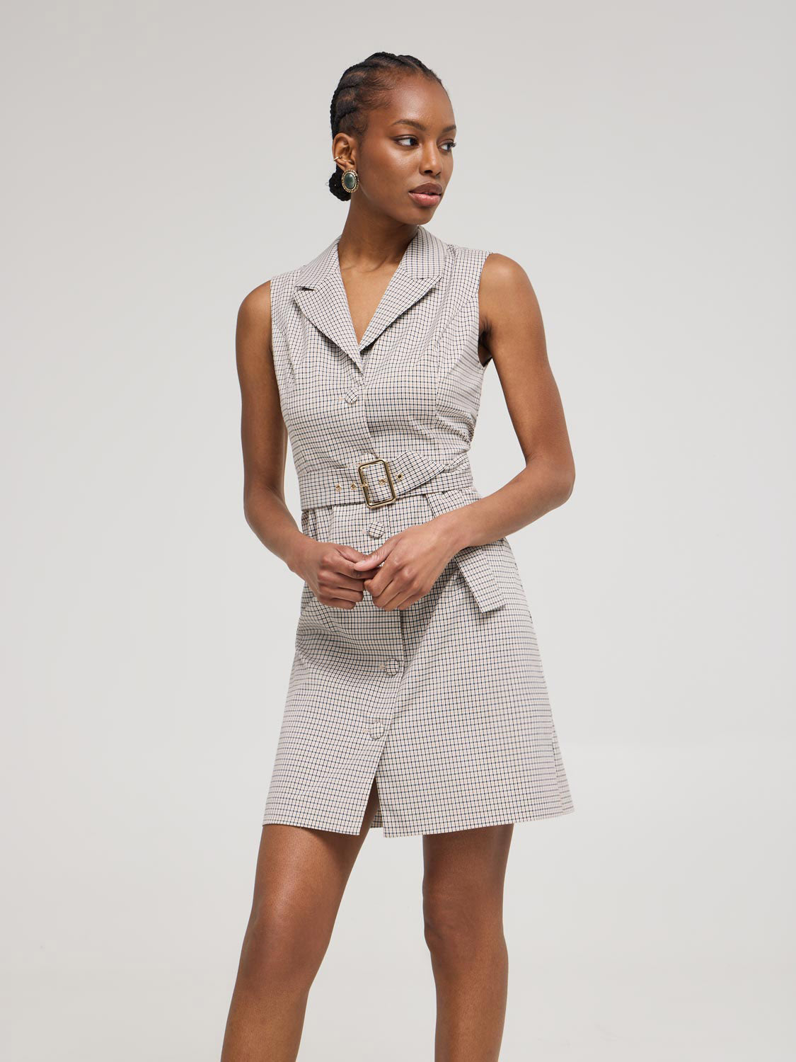 Sleeveless Plaid Blazer Dress With Belt