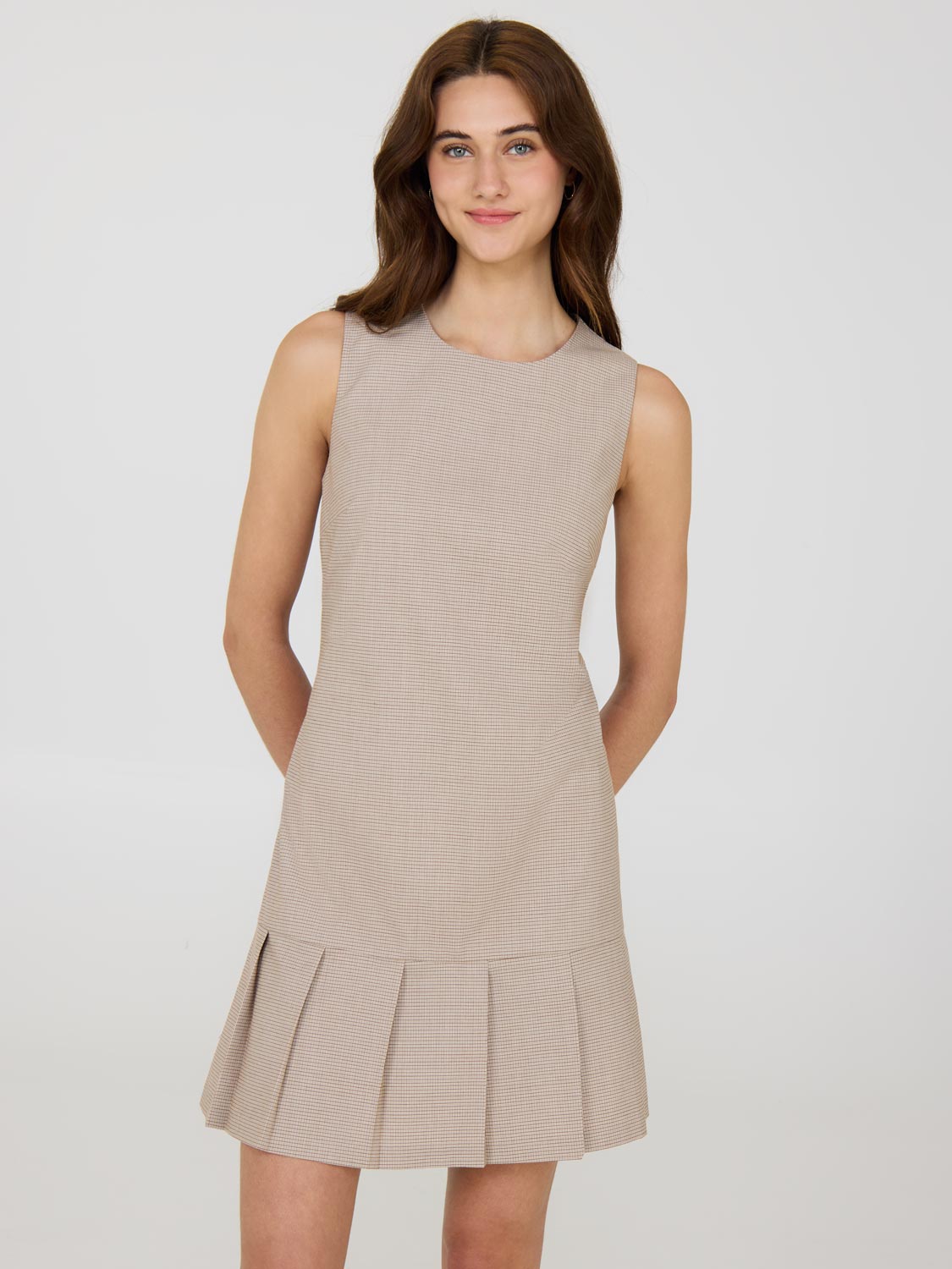 Sleeveless Mini Check Pleated Hem Dress