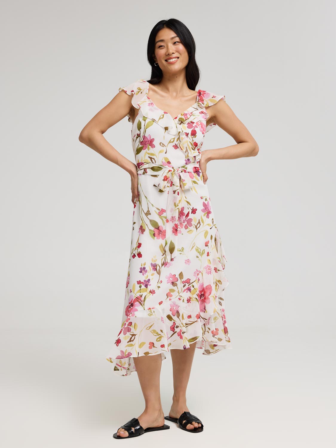 Floral Ruffle Wrap Front Chiffon Dress