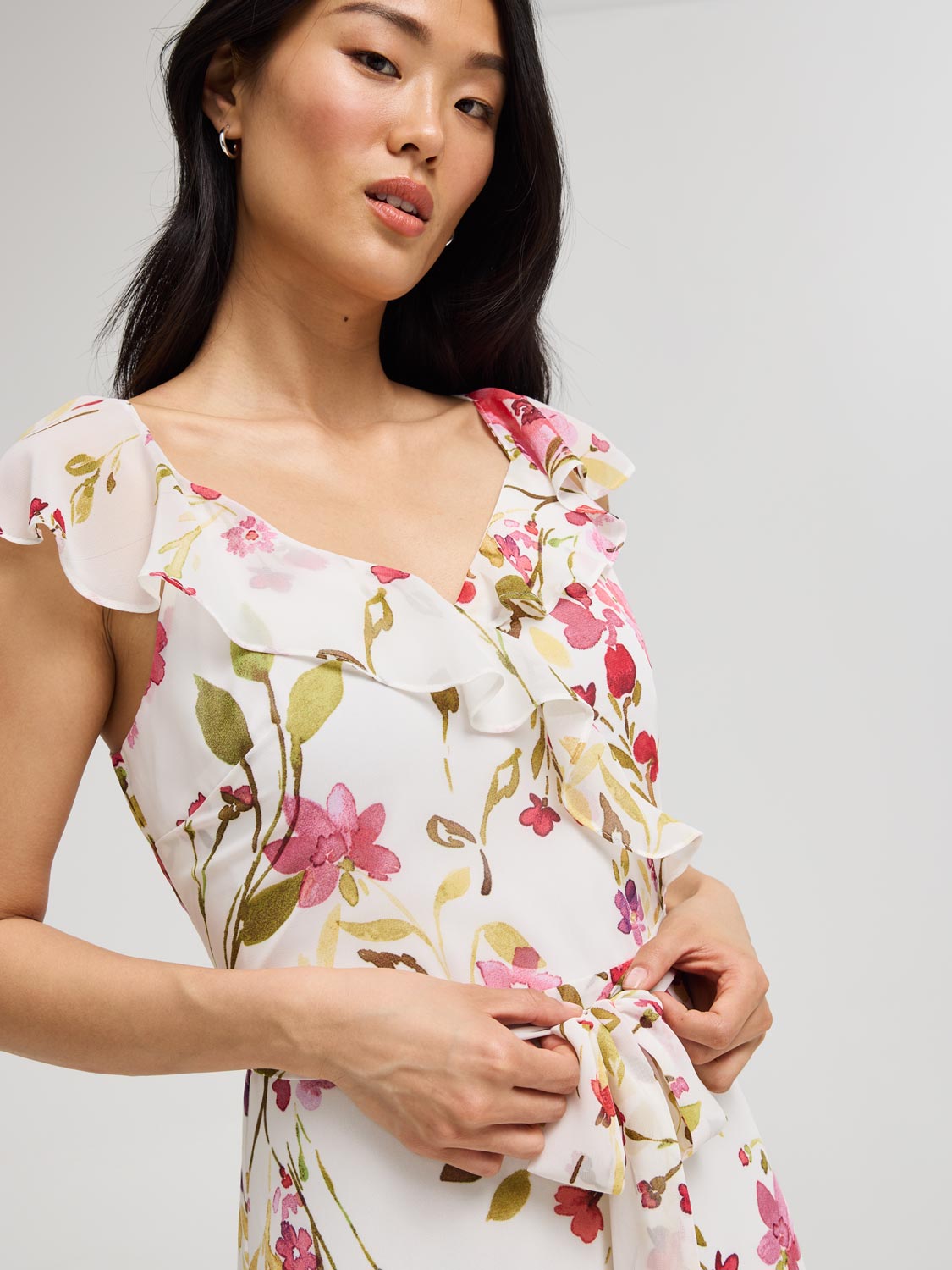 Floral Ruffle Wrap Front Chiffon Dress