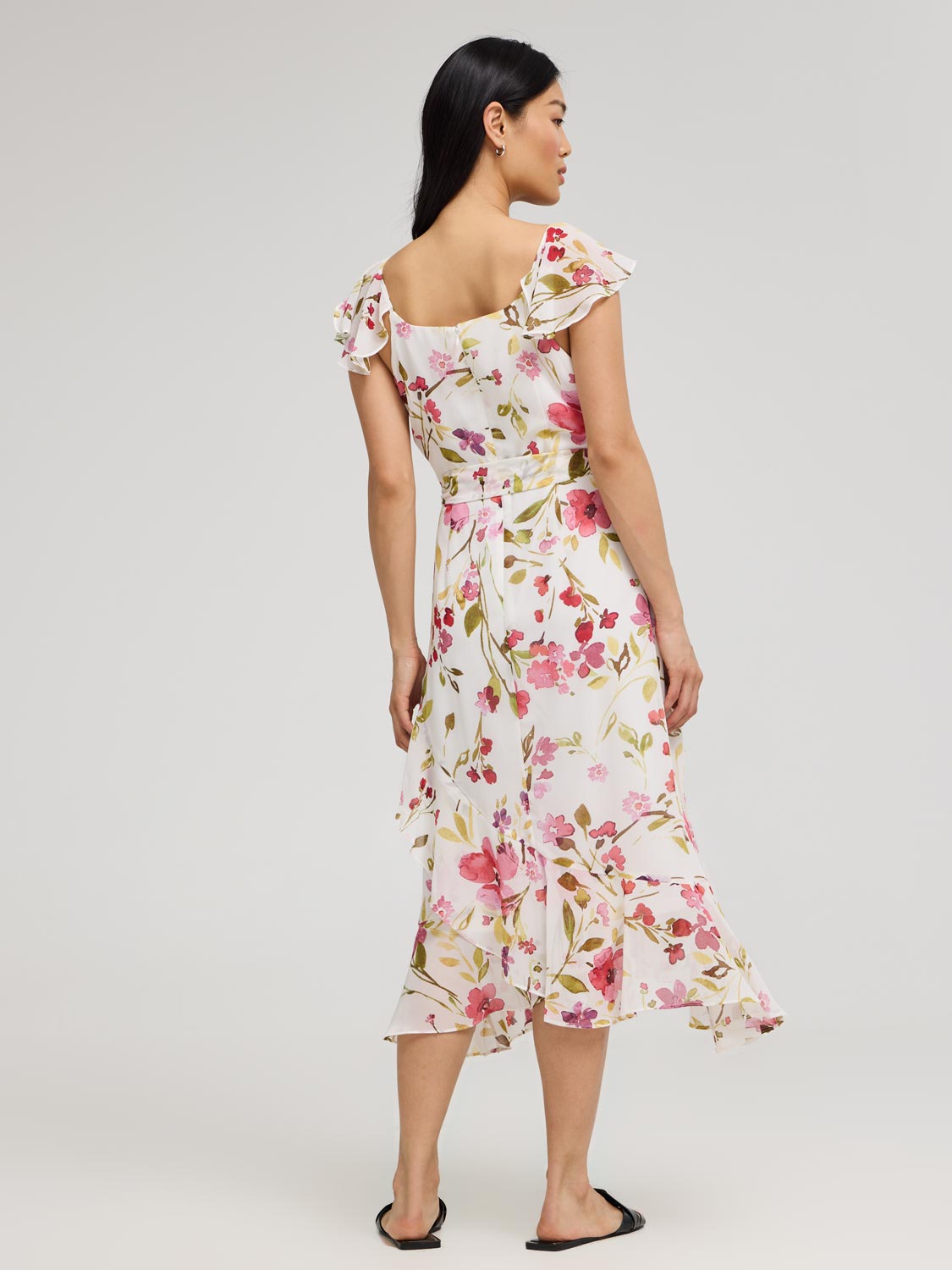 Floral Ruffle Wrap Front Chiffon Dress